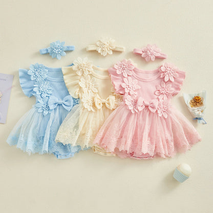 3D Flower Summer Baby Girls Romper Princess Mesh Newborn Clothes Lace Patchwork Ruffle Bodysuit Dress Headband Kids Clothing Good Vibrations