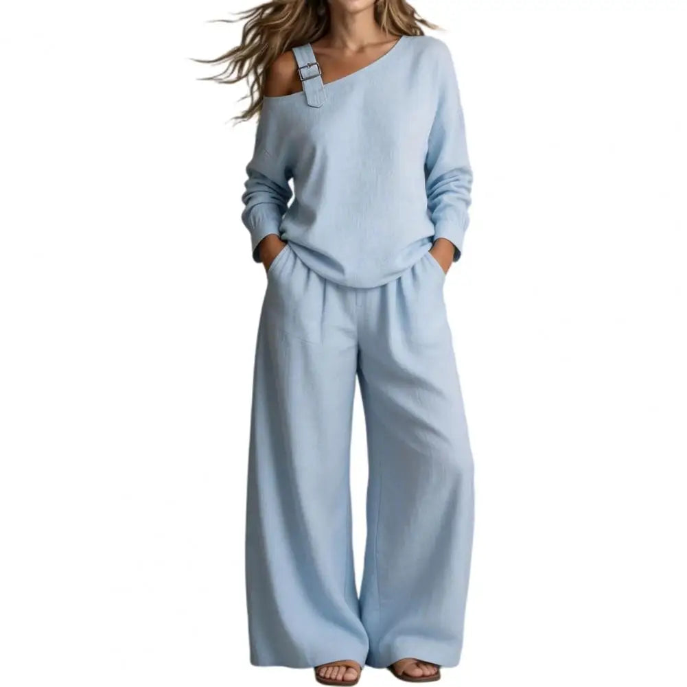 Women Two Piece Matching Set for Fall Off-Shoulder Long Sleeve Top & High Waisted Wide Leg Pants Loose Shirt Trouser Lounge Set Good Vibrations