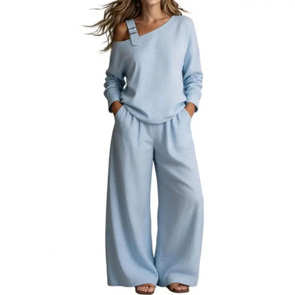 Women Two Piece Matching Set for Fall Off-Shoulder Long Sleeve Top & High Waisted Wide Leg Pants Loose Shirt Trouser Lounge Set Good Vibrations