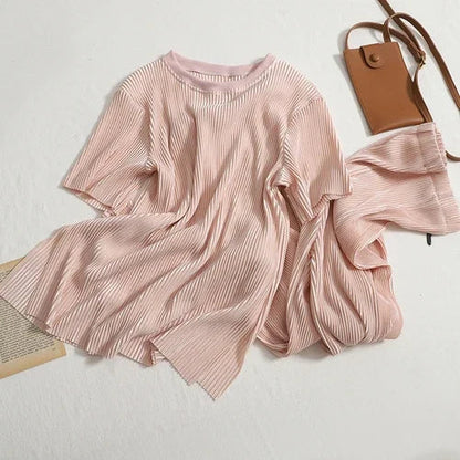 Two-piece Set Casual Pants Suit Female 2026 Summer New Temperament O Neck T-shirt  + High Waist Slit Wide Leg Pants Womens Good Vibrations