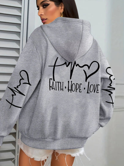 Faith Hope Love Letter Graphic Printed Women Hoodies Fleece Harajuku Hoody Casual Loose Y2K Clothes Pocket Autumn Pullover Good Vibrations