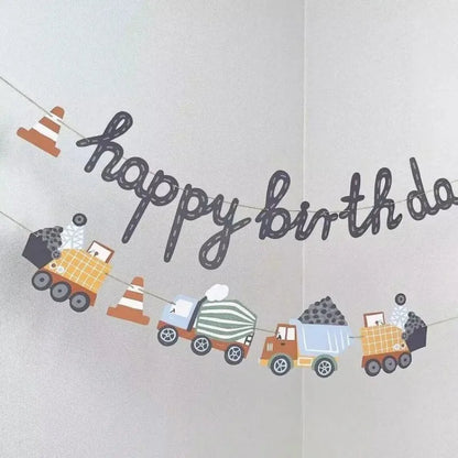 Building Construction Themed Happy Birthday Banner Party Decoration Tractor Excavator Flag Kids Boys Party Supplies Baby Shower Good Vibrations