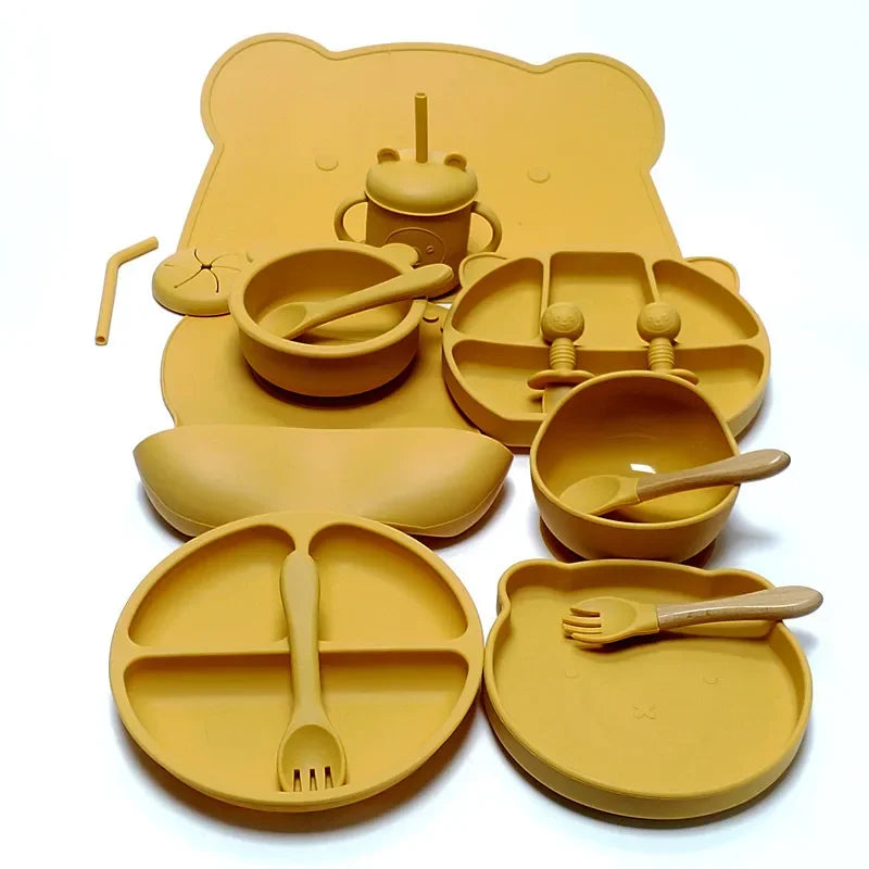 16pcs Dinner Plate Set Silicone Children's Tableware Set Baby Complementary Suction Cup Bowl Spoon Mother and Baby Good Vibrations