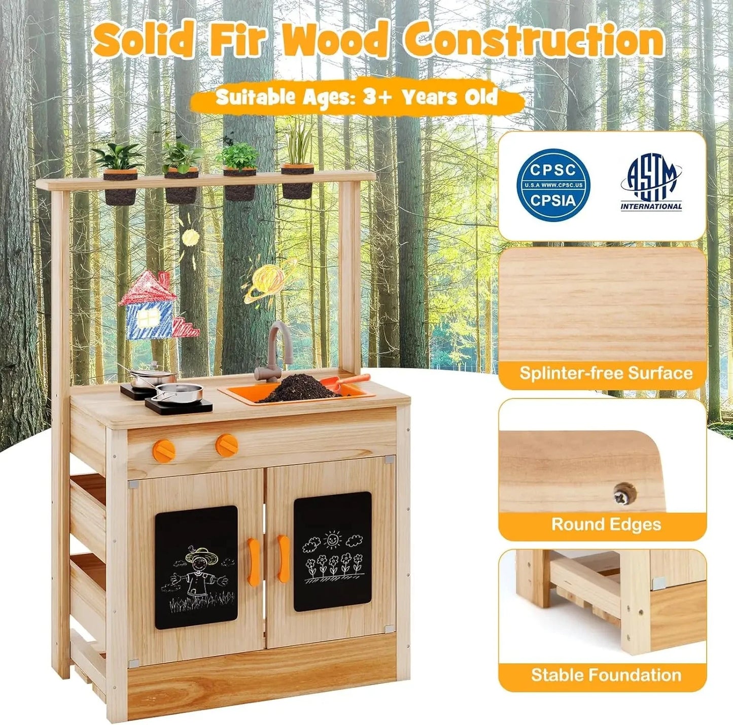 Mud Kitchen, Fir Wood Outdoor Play Kitchen for Toddlers, 4 Planting Cups, Cookware, Faucet & Sink, DIY Acrylic Board & Blackboar Good Vibrations