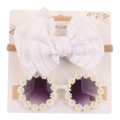 2pcs/set Soft Elastic Children Bowknot Headband Cotton Solid Color Baby Bows Turban Wide Kids Sunglasses Set Girls Headdress Good Vibrations