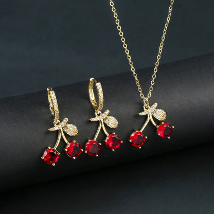 Light Luxury Crystal Zirconia Red Cherry Jewelry Set Earrings Necklace for Women Girls Sweet Jewelry Accessories Party Gifts Good Vibrations Adult Super Store