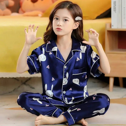 New Kids Spring Autumn Silk Satin Pajamas Set Girls Cartoon Button-Down Long Sleeve 2 Pieces Tops+Pants Sleepwear Pyjama Clothes Good Vibrations