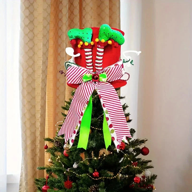 A Christmas tree hat, red and green elf leg hat, sequined striped bow tree hat, perfect for Christmas tree decoration Good Vibrations