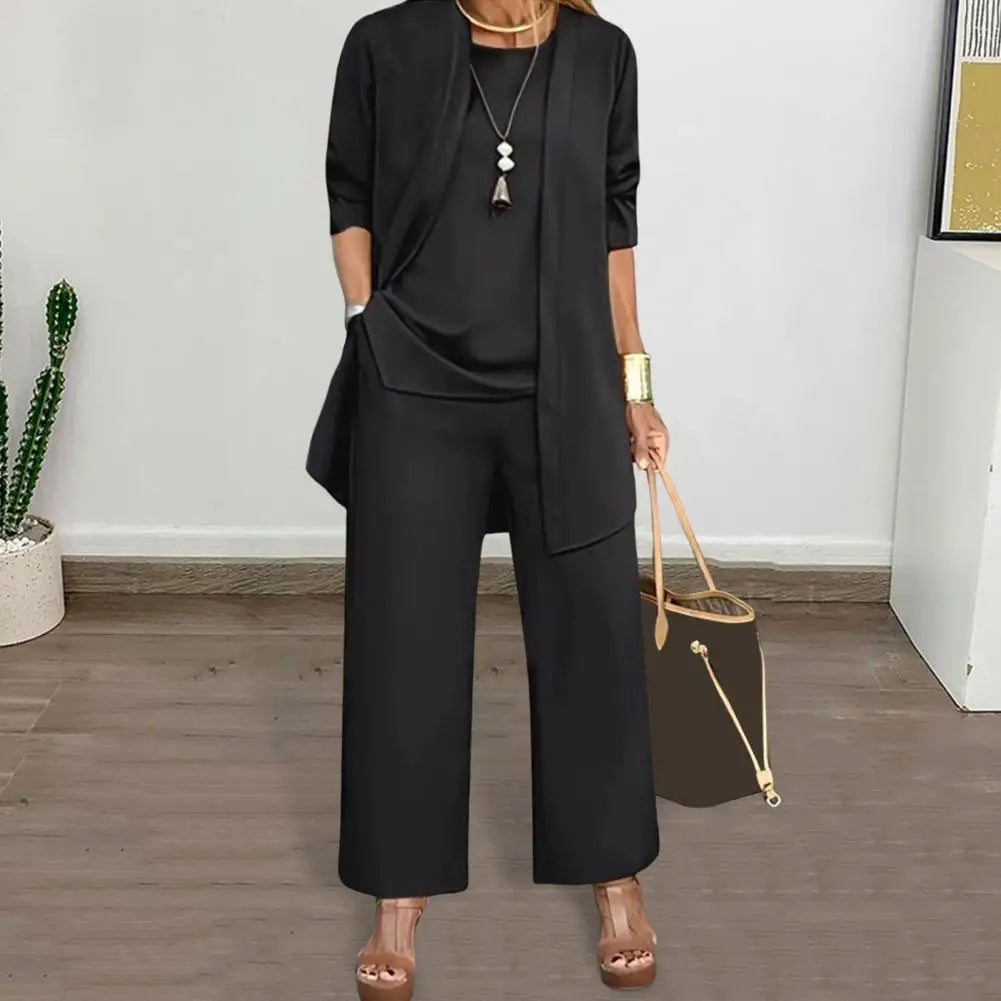 Women Clothes Stylish Women's 3-piece Pantsuit Set with Long Sleeve Cardigan O Neck Vest Wide Leg Trousers Fall Spring Outfit Good Vibrations