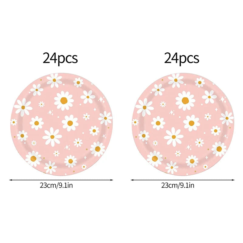 24pcs 7/9inch Pink Daisy Theme Disposable Tableware Flower Plate Napkin Straws Banner Birthday Party Baby Shower Wedding Decor Good Vibrations