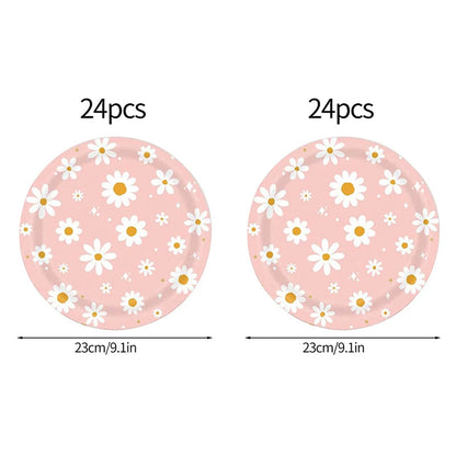 24pcs 7/9inch Pink Daisy Theme Disposable Tableware Flower Plate Napkin Straws Banner Birthday Party Baby Shower Wedding Decor Good Vibrations