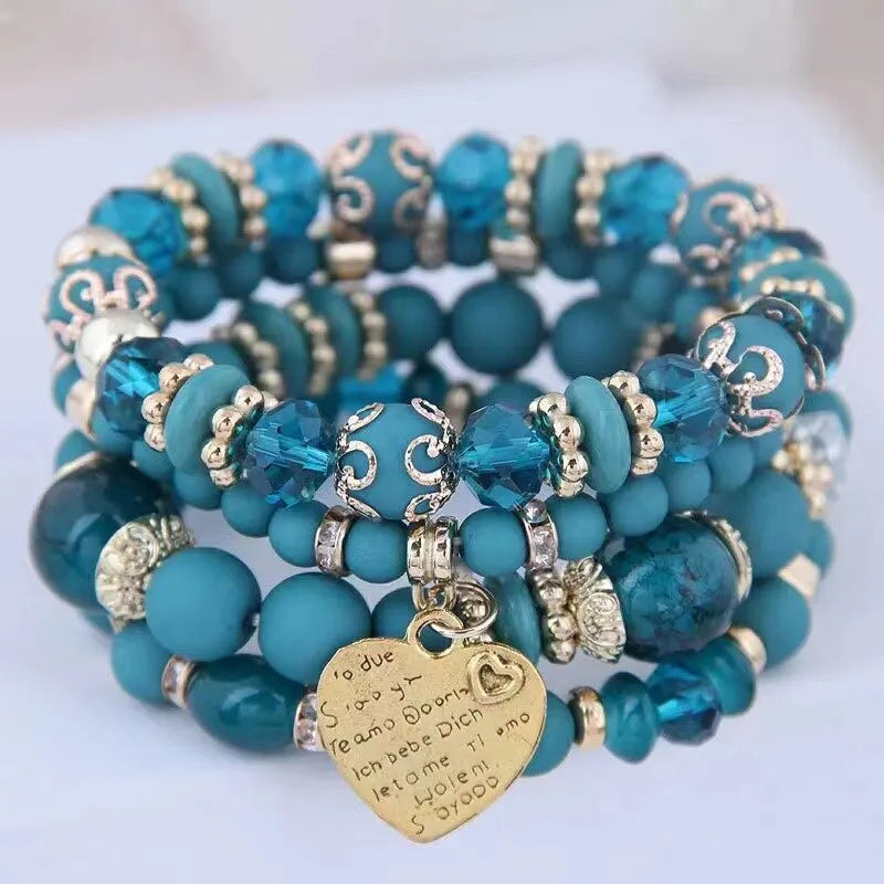 4pcs/set Boho Strand Bracelets For Women Crystal Beads Bracelets Heart Letter Elastic Bangles Wristband Yoga Jewelry Gifts Good Vibrations