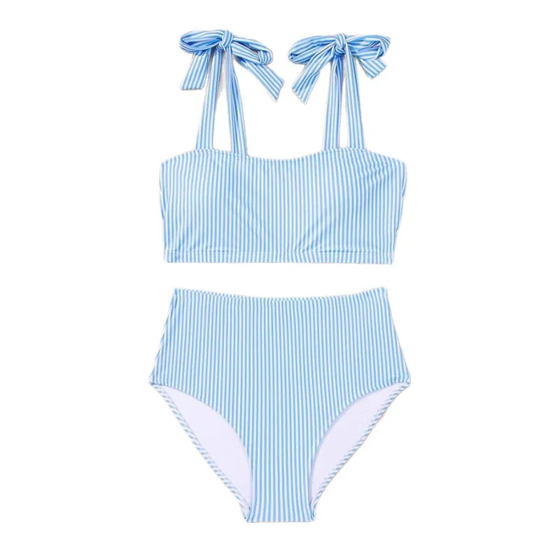 Women's 2026 Two Piece Bikini Set Striped High Waist Tie Shoulder Swimsuit Summer Beachwear Good Vibrations