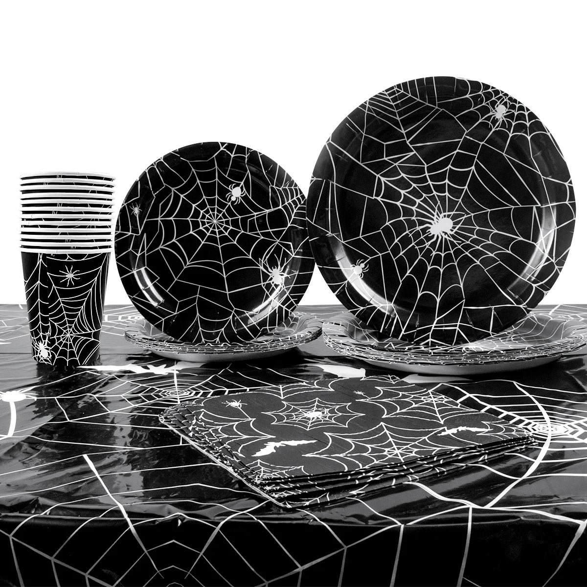 Halloween Party Spider Web Disposable Tableware Black Paper Plates Cups Napkins Halloween Party Home Decorations Supplies Good Vibrations