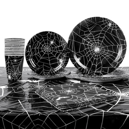 Halloween Party Spider Web Disposable Tableware Black Paper Plates Cups Napkins Halloween Party Home Decorations Supplies Good Vibrations