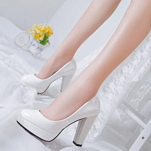 High Heels Shoes Women White Wedding Shoes Thick 10 CM Heels Fashion Party Pumps Footwear Black Red Round Zapatos De Mujer Good Vibrations
