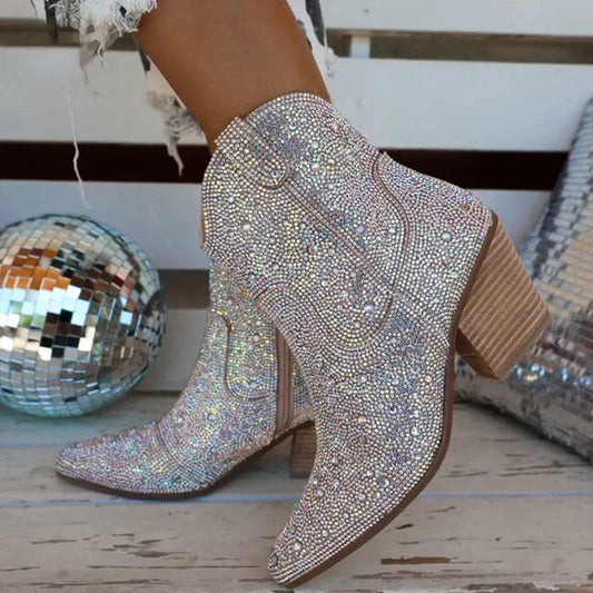 Western Cowboy Boots Fashion Women Ankle Boots Glitter Bling Shiny Trend High Heels High Quality Sexy Shoes Botas De Mujer 2024 Good Vibrations
