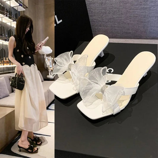 Women High Heels Shoes Lace Bow Square Toe Heel Lazy Sandals Fashion Slides Summer Outdoor Vacation High Heels Shoes for Women Good Vibrations