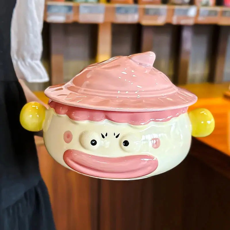 Clown Instant Noodle Bowl Ceramic Dormitory Student with Lid with Handle Convenient Soup Bowl Good Vibrations