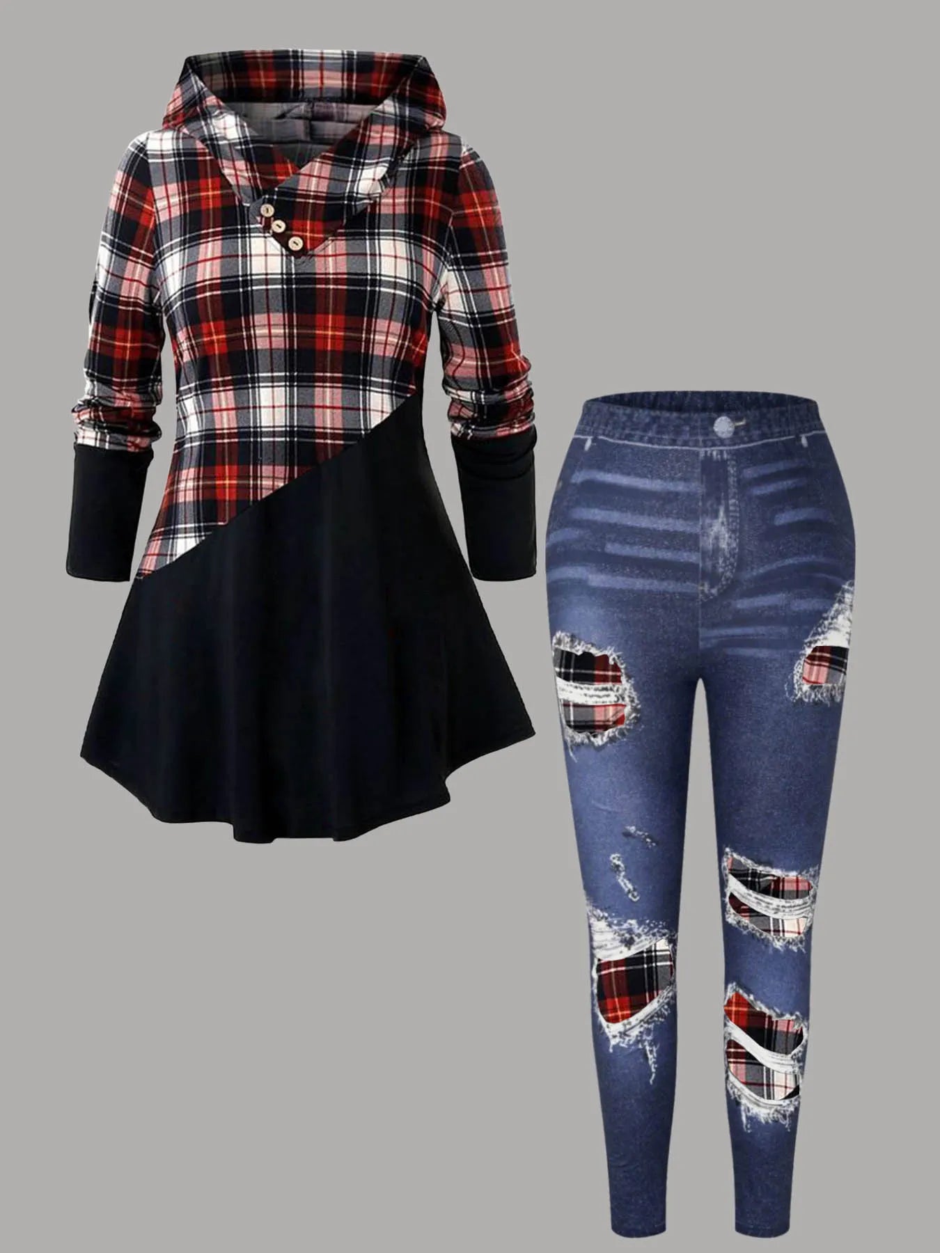 Women Plus Size Two Piece Set Hooded Plaid Print Patchwork Tops and High Waist Leggings Matching Set Long Sleeve Autumn Outfit Good Vibrations