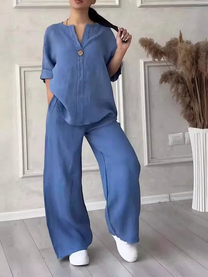 Muslim Sets Women 2 Piece Suit Shirt Wide Leg Pants Outfits 2025 Ensemble Button Lace Up Elastic Waist Blouse Straight Trousers Good Vibrations