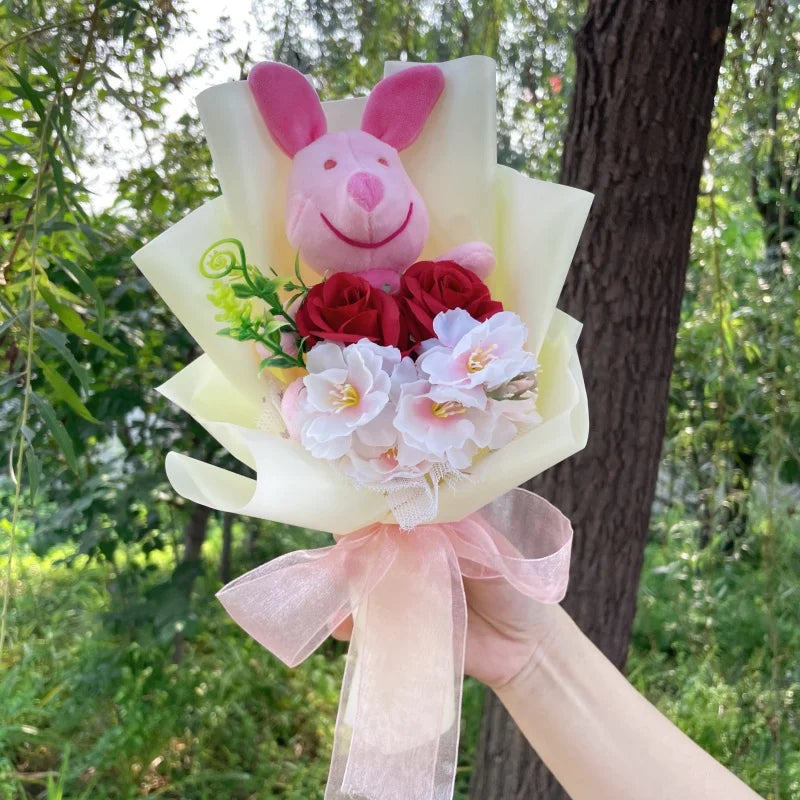Catoon Stich Winnie the Pooh Plush Doll Toy With Flowers Creative Handmade Bouquet Valentine Christmas Graduation Gift Good Vibrations