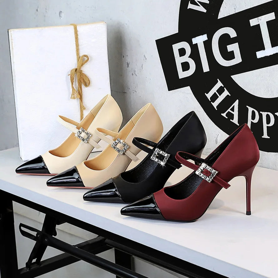 Women 9.5cm High Heels Lady Fashionable Rhinestone Pumps Female Pointed Toe Stiletto Heel Silk Comfortable Evening Shoes Good Vibrations
