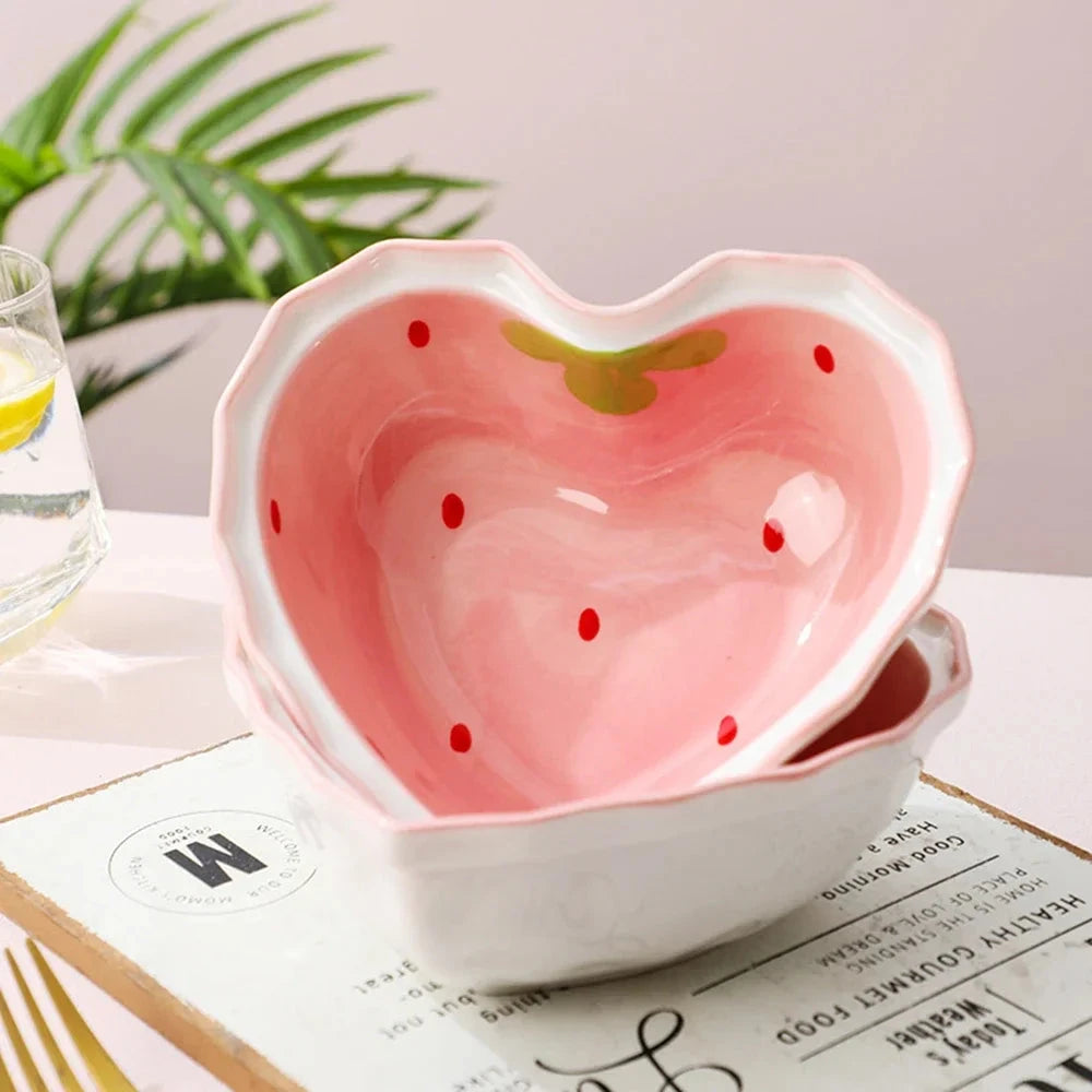 Strawberry Ramen Bowls and Spoons Creative Ceramic tablewear Anti-scald Instant Noodle Bowl Cute Strawberry Bowl Pretty Bowl Good Vibrations