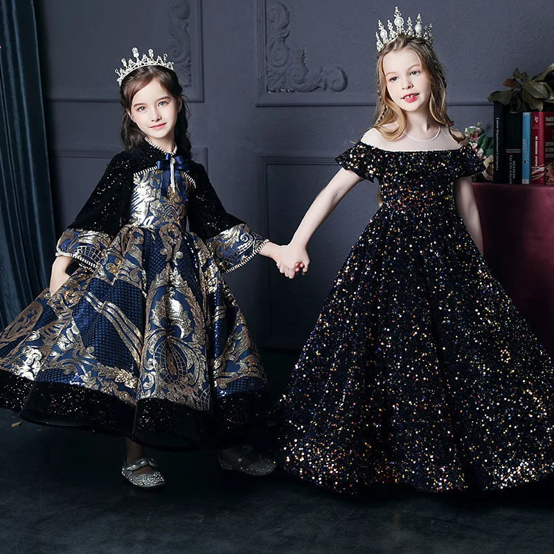 Girl's Western Style Evening Dress Flower Girl Sequined Catwalk Host Piano Performance Princess Dress Good Vibrations