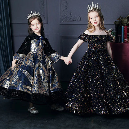 Girl's Western Style Evening Dress Flower Girl Sequined Catwalk Host Piano Performance Princess Dress Good Vibrations