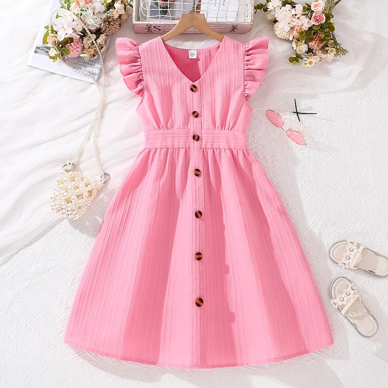 Kids Dresses for Girls 8-12 Years Pink Small Flying Sleeves V-Neck Dress 2024 New Summer Teenager Sweet Casual Daily Dress Good Vibrations