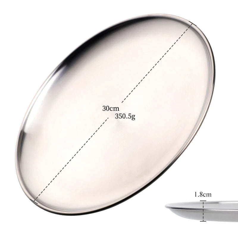 Stainless Steel Dinner Plates European Style Dessert Plate Kitchen Serving Dishes Salad Plate Cake Tray Western Steak Round Tray Good Vibrations