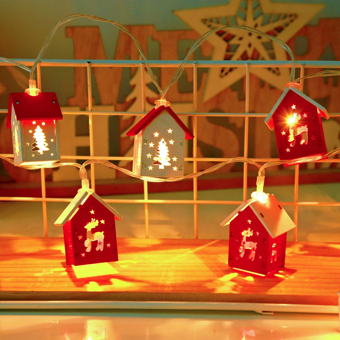 Christmas Wooden House LED String Light Xmas Tree Garland Home Fairy Lamp Merry Christmas Hanging Ornament 2025New Year Gift Noe Good Vibrations