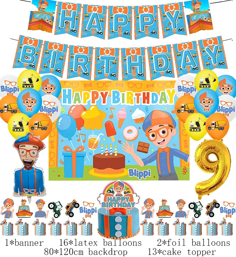 New Blippiing Birthday Party Decoration Foil Balloon Backdrop Banner Cake Topper Baby Birthday Party Supplies Good Vibrations