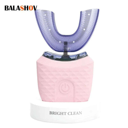 Pink U-shaped electric toothbrush for adults with 360-degree automatic brushing and USB charging, BALASHOV brand.