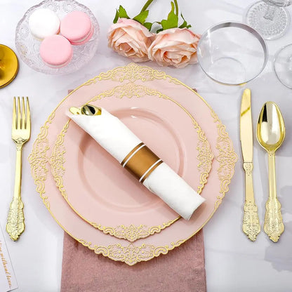 350 Pcs Pink And Gold Plastic Plates, Plastic Dinnerware Set For 50 Guests, 100 Disposable Plates, 150 Silverwares, 50 Cups, 50 Good Vibrations