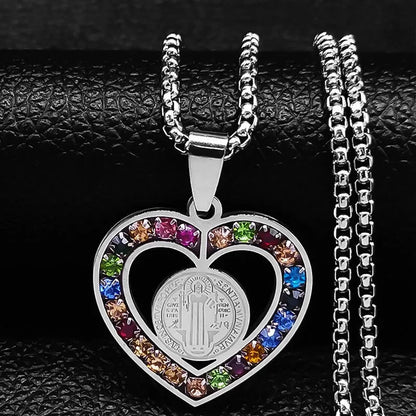 Catholic Jesus Cross Stainless Steel Necklace Saint Benedict Crystal Virgin Mary Pendant Crucifix Male Necklaces Jewelry cruz Good Vibrations