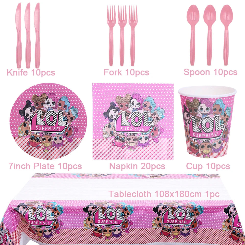 Girl Surprise Theme Backdrop Cute Shiny Doll Birthday Party Decoration Pink Latex Balloon Disposable Tableware Plate Cake Topper Good Vibrations