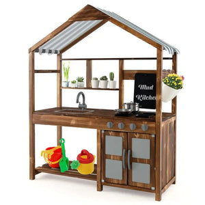 Solid Wood Outdoor Kid's Playhouse with Canopy Mud Kitchen for Outdoor Play Good Vibrations