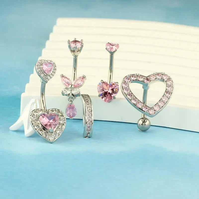 Fashion Pink Crystal Crown Belly Button Rings Stainless Steel Long Pendant Butterfly Heart Navel Piercing for Women Jewelry Good Vibrations Adult Super Store