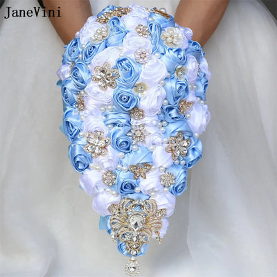 JaneVini Elegant Korean Light Blue Cascading Flowers Crystal Waterfall Bridal Bouquets Pearl Ribbon Roses Wedding Brooch Bouquet