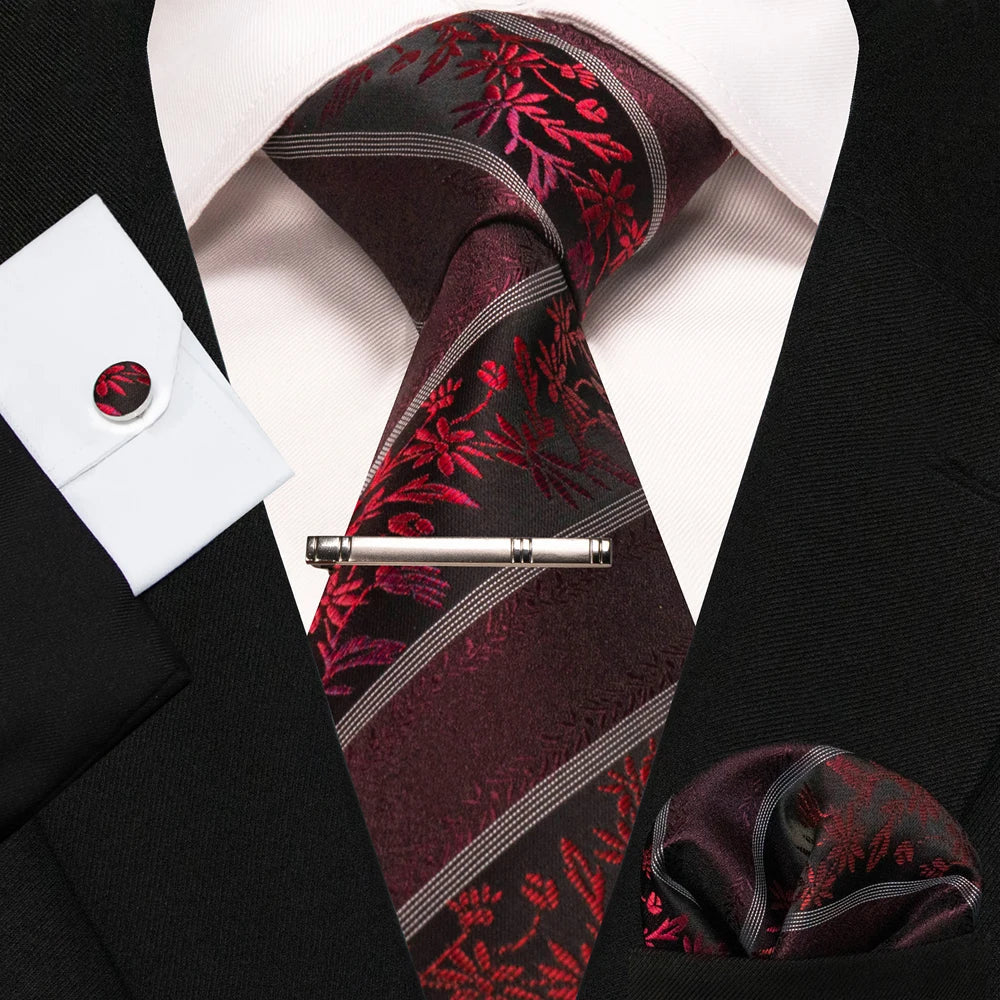 8cm Silk Mens Ties Green Black Ties plaid stripe NeckTie Pocket Square Cufflinks Tie clips Set Men's Wedding business Party Tie Good Vibrations