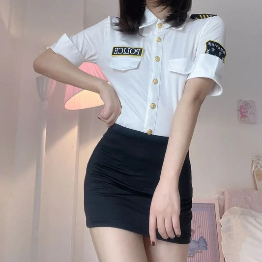 2025 Halloween Costume d'Halloween pour Femme, Tenue de Vol à Taille Fine, Tenue de Rêve, Haut avec Jupe, Cosplay de Policière Good Vibrations