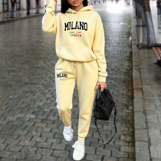 Autumn Winter Women's Sets 2pcs Hoodies Pants Suit Sports Outfits 2025 MILANO Letter Print Aesthetic Clothes Ladies Tracksuit Good Vibrations