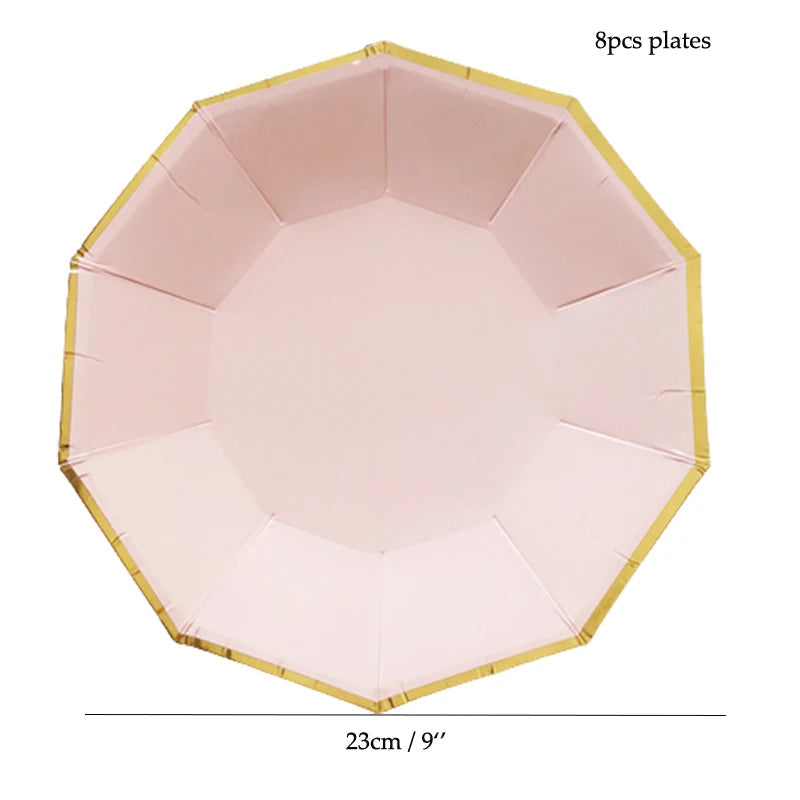 8 PCS/Lot Party Paper Plates Cups Pink Gold Happy Birthday Party Wedding Decoration Baby Shower Tableware Kids Birthday Decor Good Vibrations