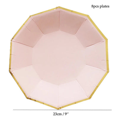 8 PCS/Lot Party Paper Plates Cups Pink Gold Happy Birthday Party Wedding Decoration Baby Shower Tableware Kids Birthday Decor Good Vibrations