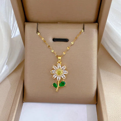 Classic Green Leaf Flower Necklace and Earrings Set Light Luxury Sunflower Personalized Banquet Stainless Steel Jewelry Good Vibrations Adult Super Store