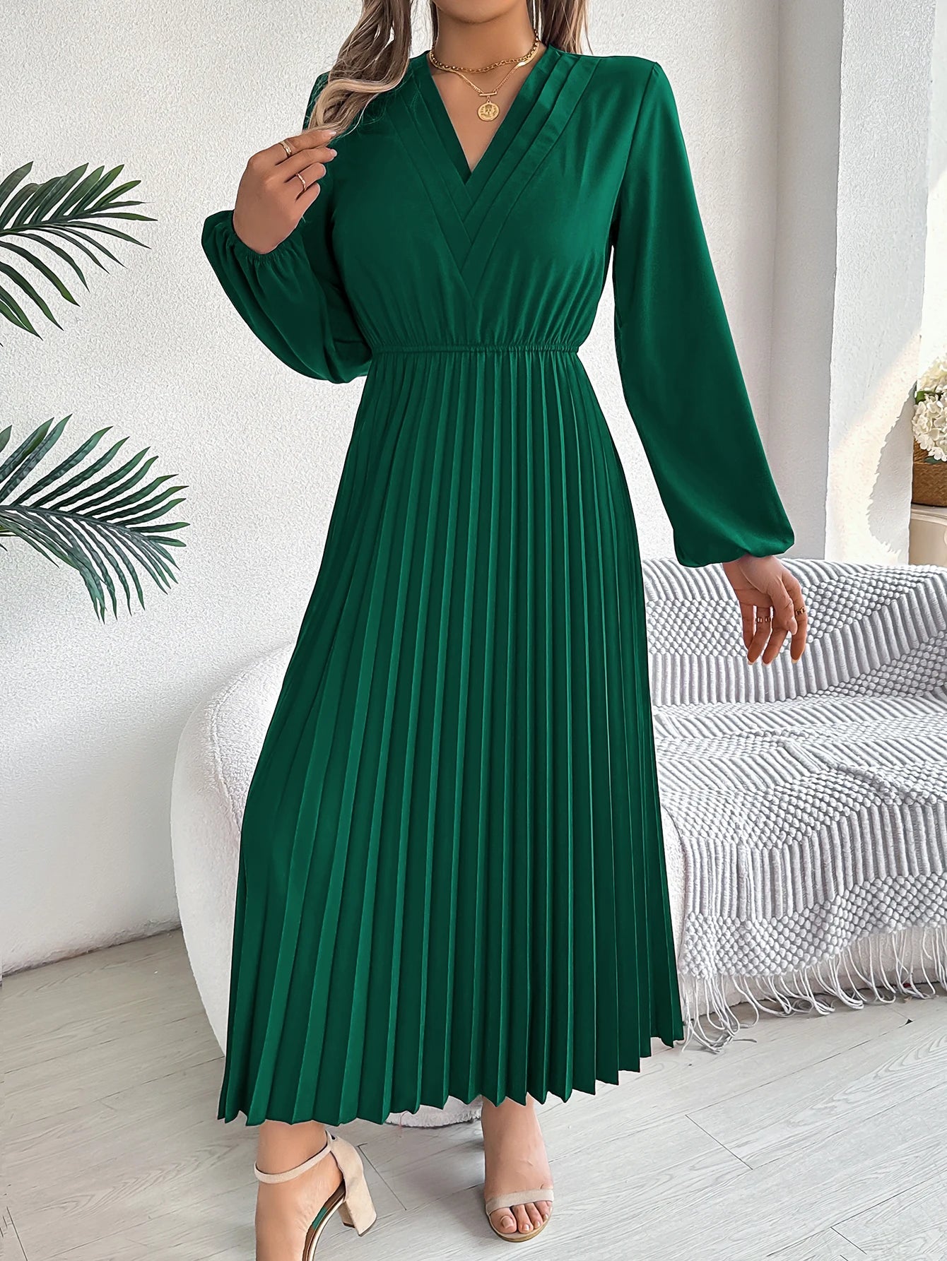 Elegant Dresses for Woman 2025 Autumn Winter Solid Color V Neck High Waist Pleated Maxi Dress Red Black Green Good Vibrations