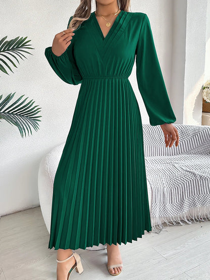 Elegant Dresses for Woman 2025 Autumn Winter Solid Color V Neck High Waist Pleated Maxi Dress Red Black Green Good Vibrations