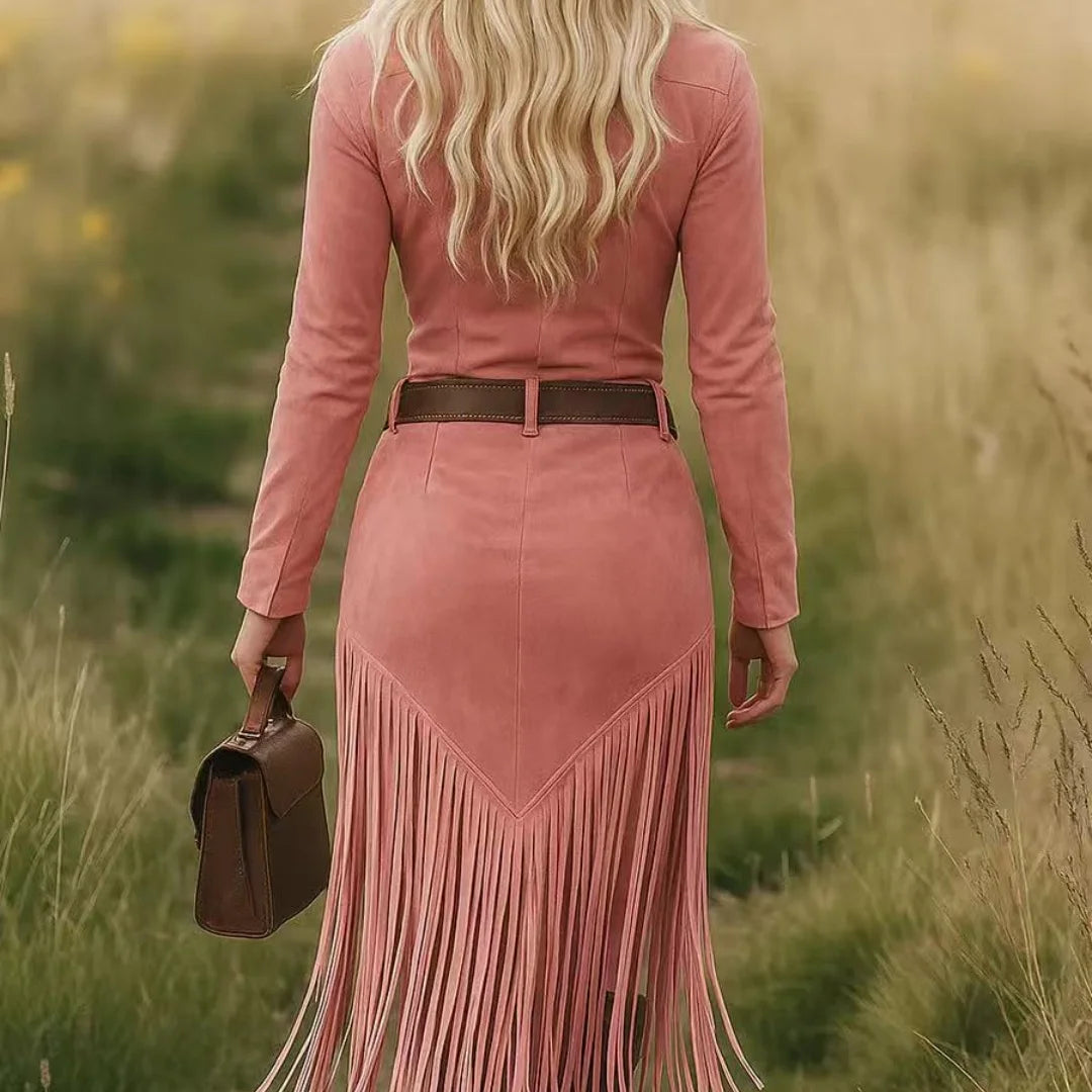 Women's Vintage Western Style Long Sleeve Dress - Sexy Long Sleeve V-Neck with Fringe Hem, Party, Holiday Dress, Suitable for Spring, Summer, Autumn, Casual to Semi-Formal Occasions, Western Themed Parties (No Belt) Good Vibrations